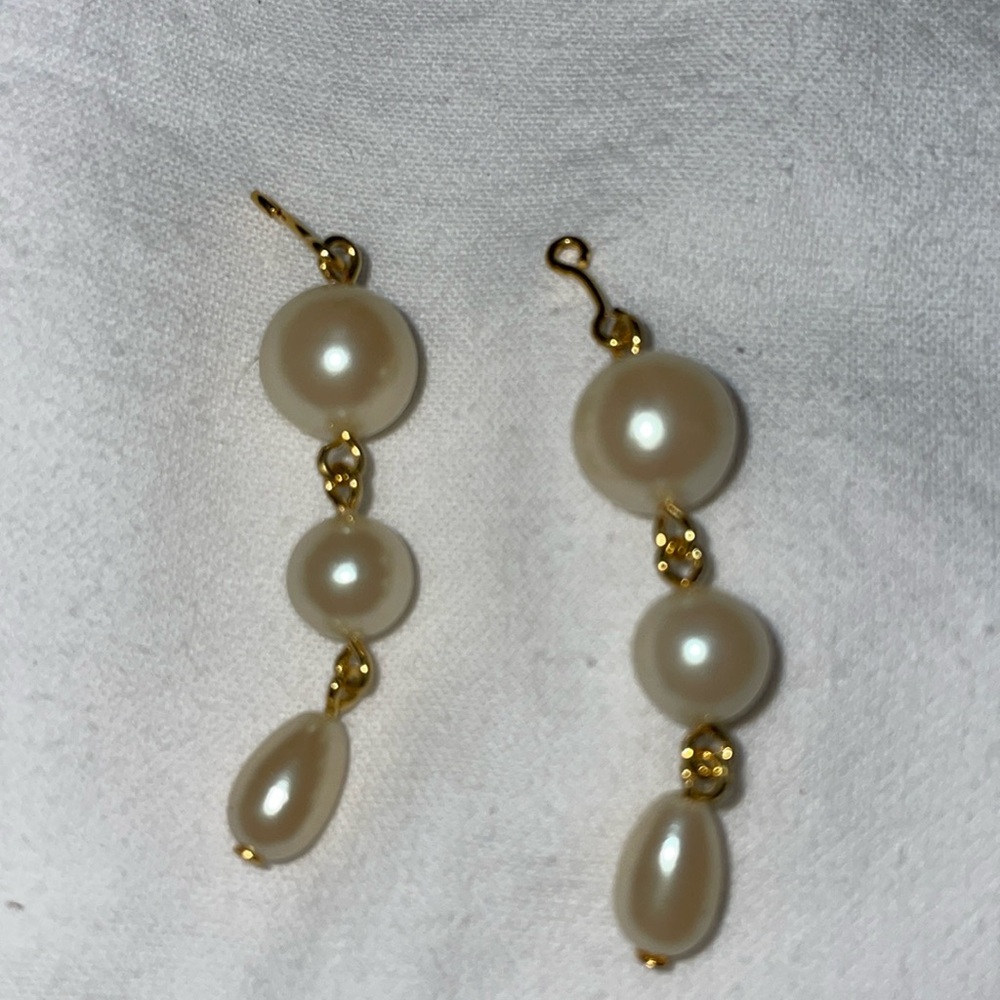 SALE Vintage gold tone pearl drop dangle earring jackets for studs